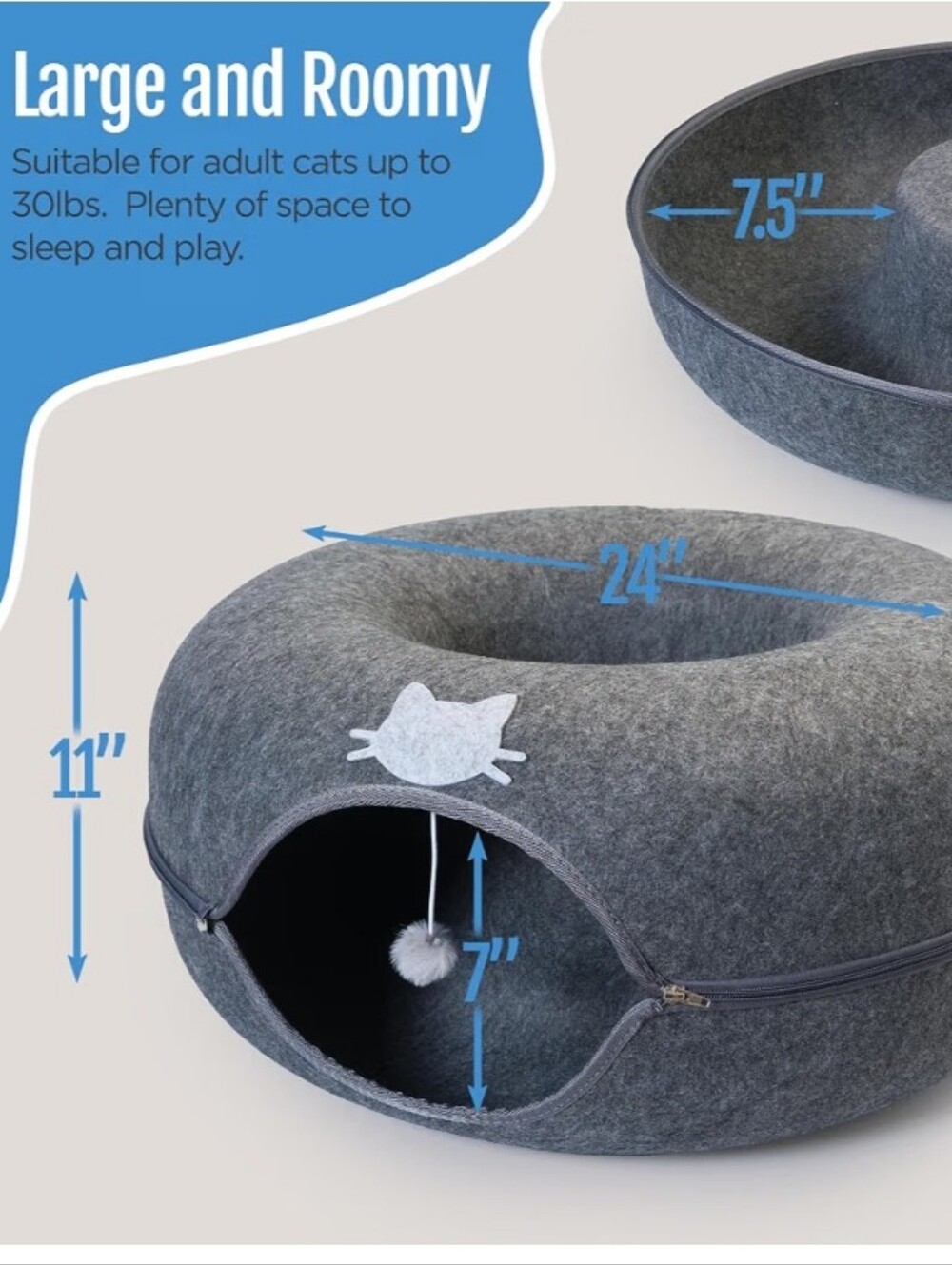Meow Mansion Large Cat Cave Donut - Cat Tunnel; up to 30lbs - 3 Toy Balls - Picture 3 of 13